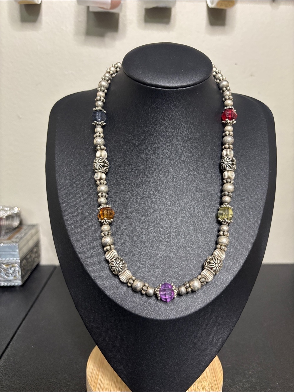 Multi-Color Beaded Silver-Tone Necklace with Accent Gem Beads